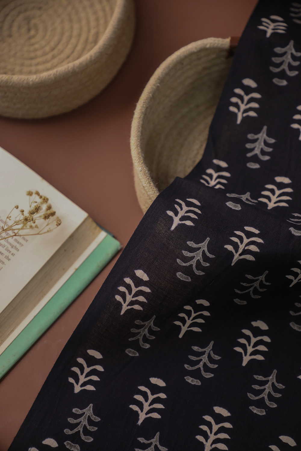 Black with Florets Bagru Cotton Fabric