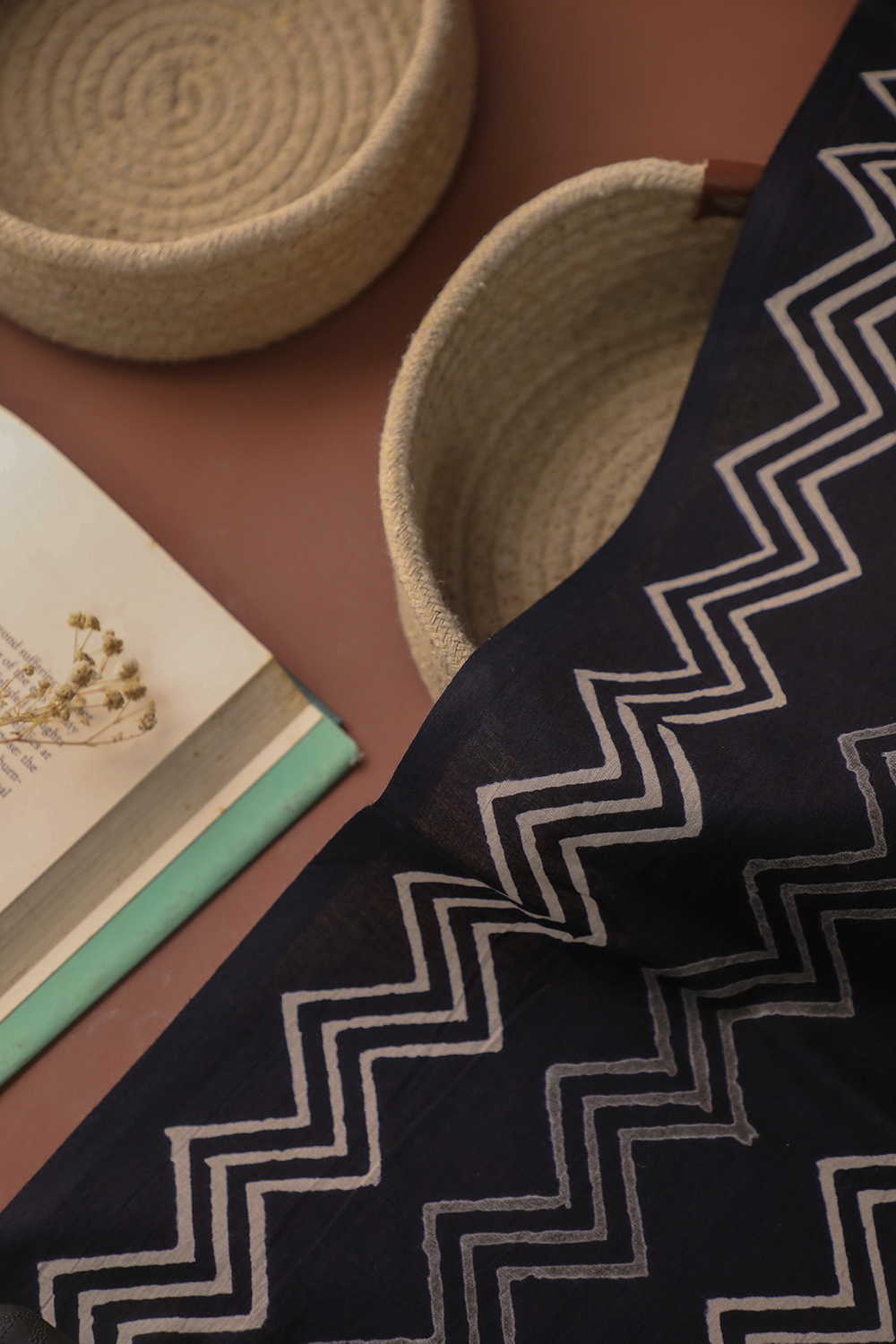 Black with Chevron Block Printed Cotton Fabric