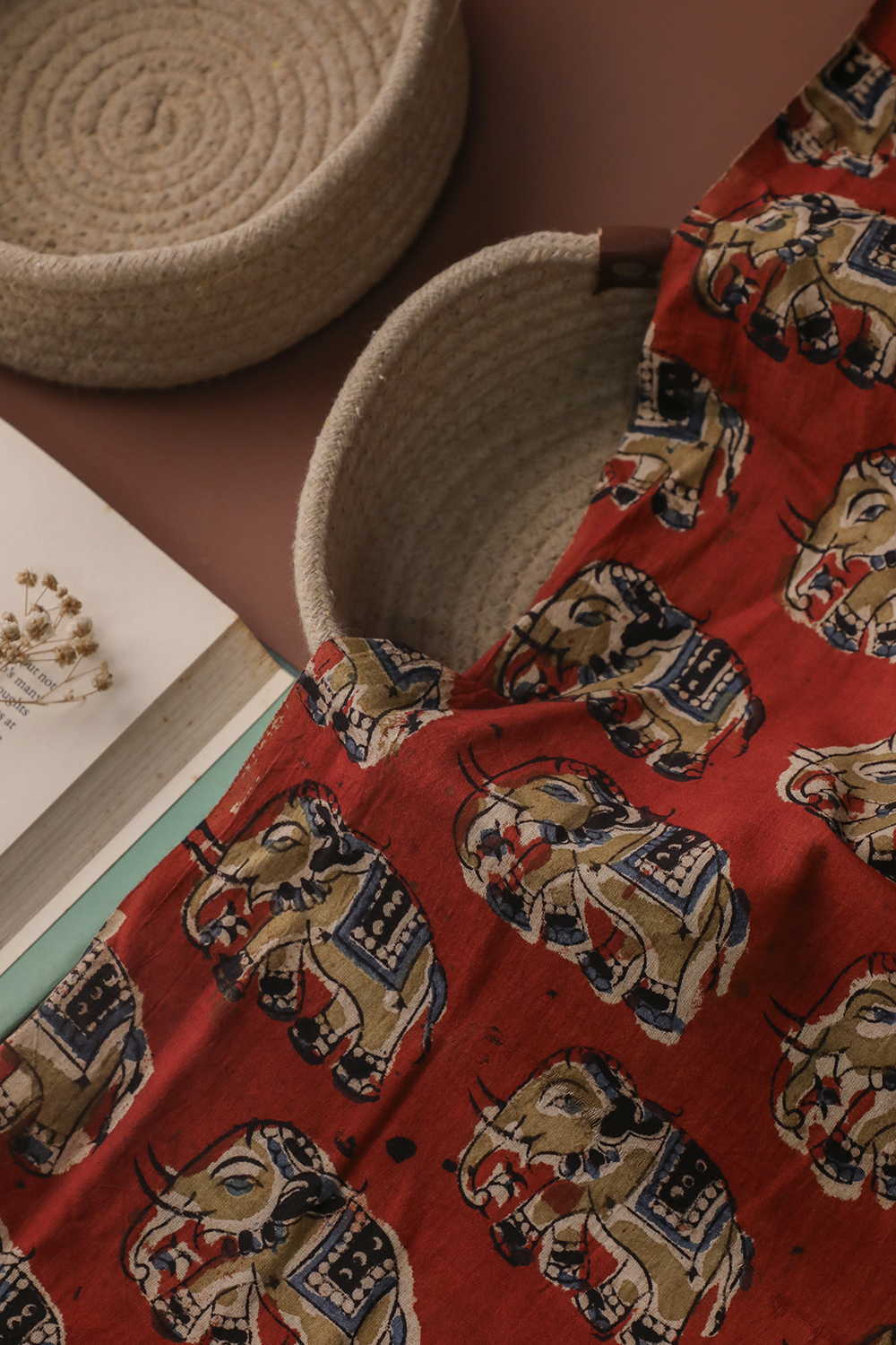 Maroon - Elephant Printed kalamkari Cotton Fabric