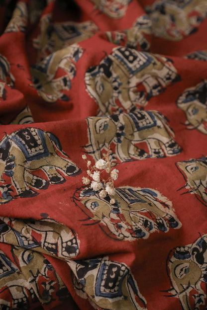 Maroon - Elephant Printed kalamkari Cotton Fabric