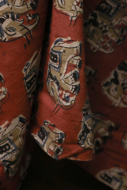 Maroon - Elephant Printed kalamkari Cotton Fabric