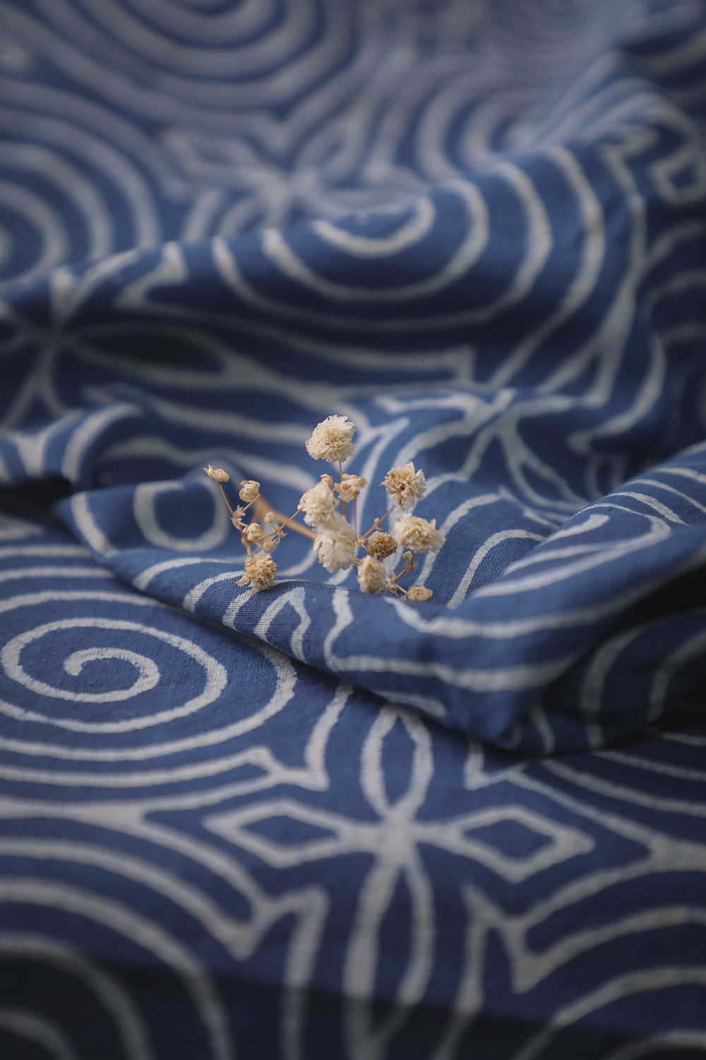 Indigo on Spiral Maze Dabu Cotton Fabric