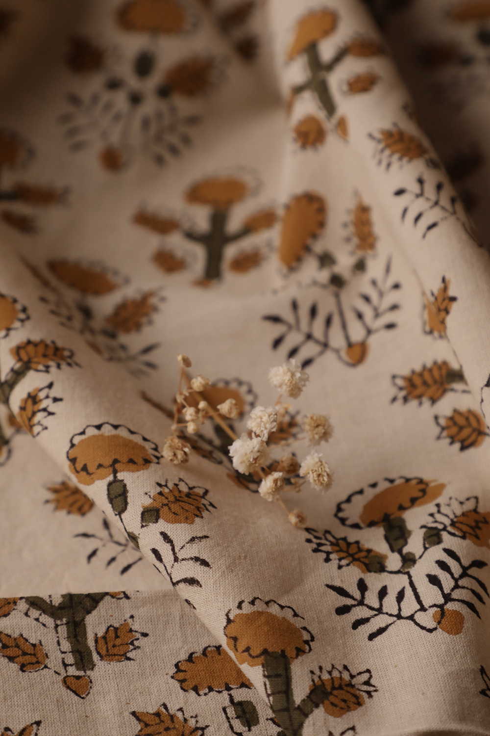 Cream  - Mustard Floral Printed kalamkari Cotton Fabric