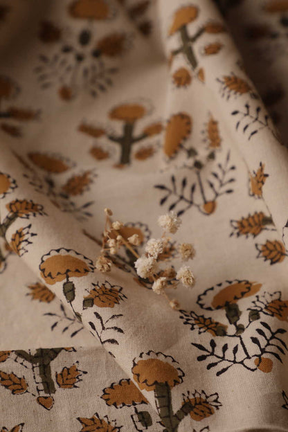 Cream  - Mustard Floral Printed kalamkari Cotton Fabric
