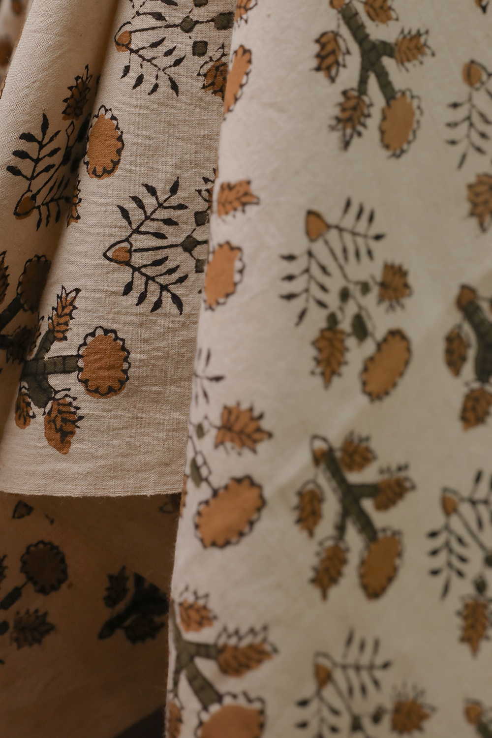 Cream  - Mustard Floral Printed kalamkari Cotton Fabric