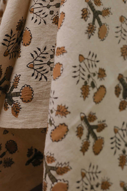 Cream  - Mustard Floral Printed kalamkari Cotton Fabric