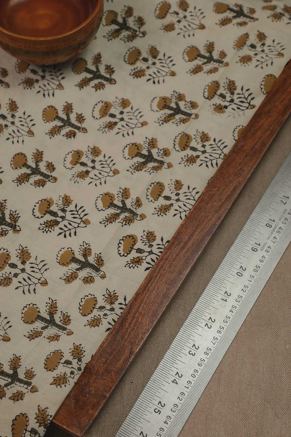 Cream  - Mustard Floral Printed kalamkari Cotton Fabric