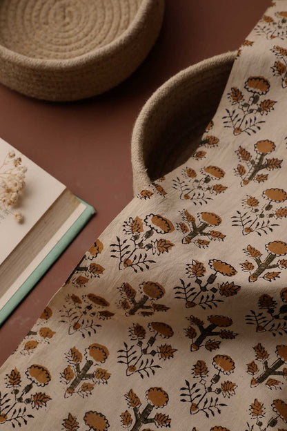 Cream  - Mustard Floral Printed kalamkari Cotton Fabric