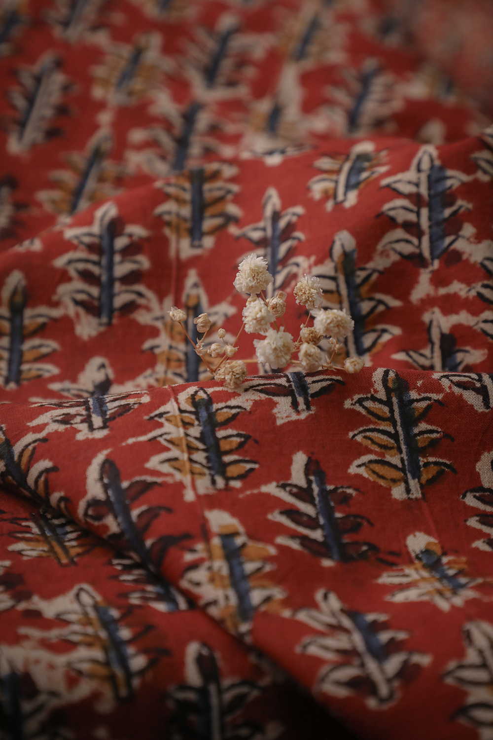Red with Florets Printed kalamkari Cotton Fabric