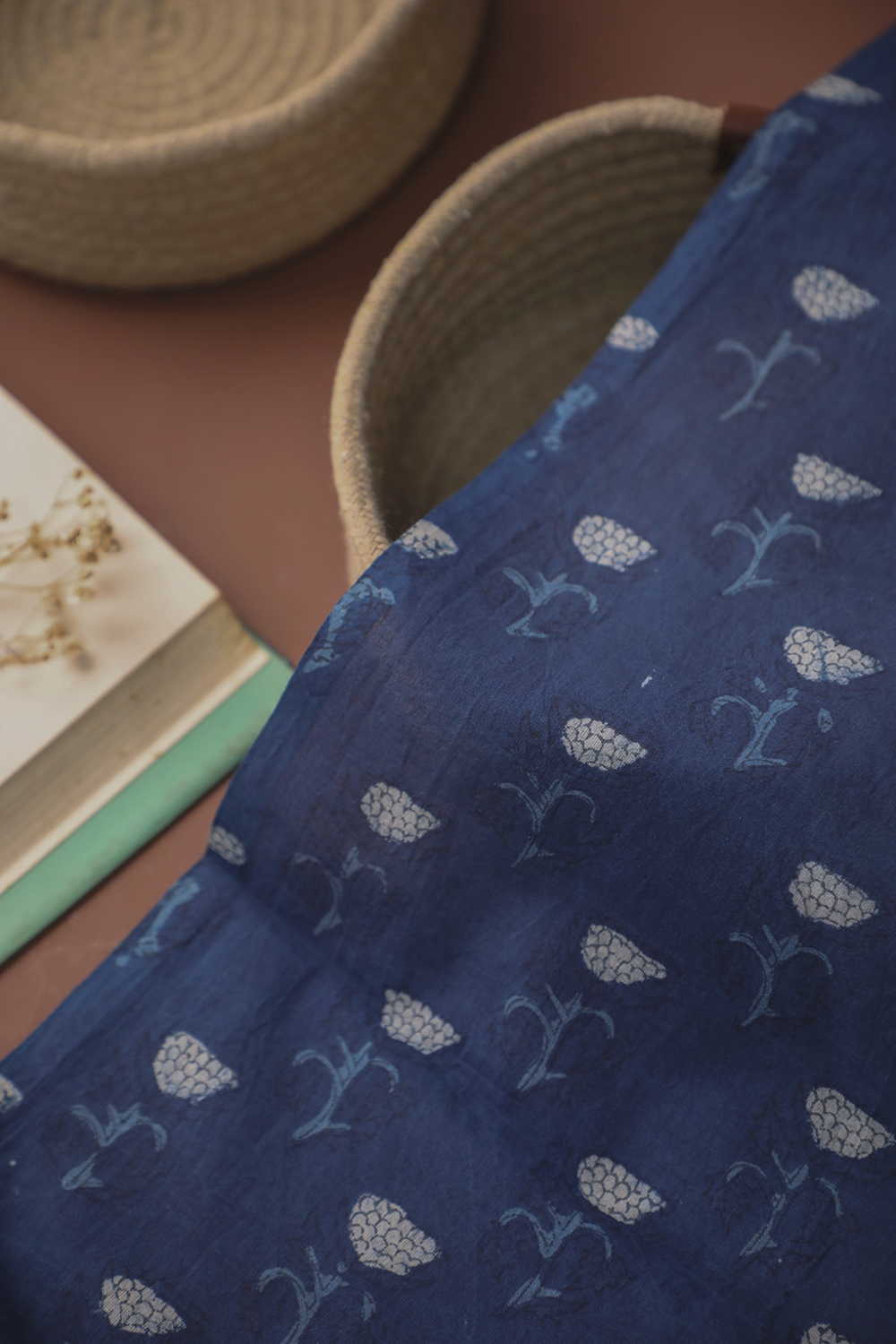 Indigo with Cream Florets Dabu Cotton Fabric