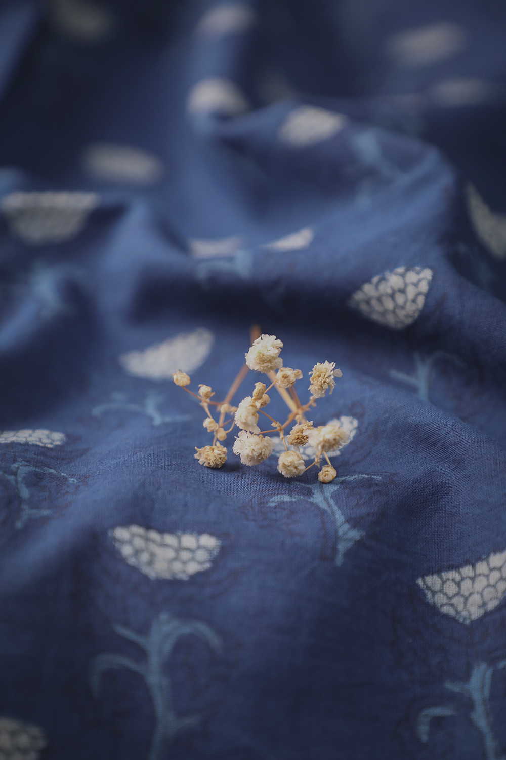 Indigo with Cream Florets Dabu Cotton Fabric