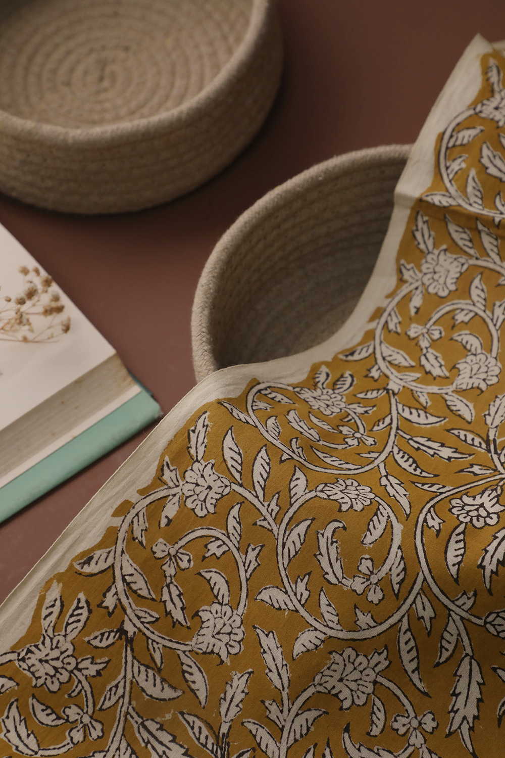 Yellow with Vintage Floral Bagru Cotton Fabric